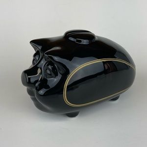 Retro Look Black Ceramic Piggy Bank Gold Stripe Detail